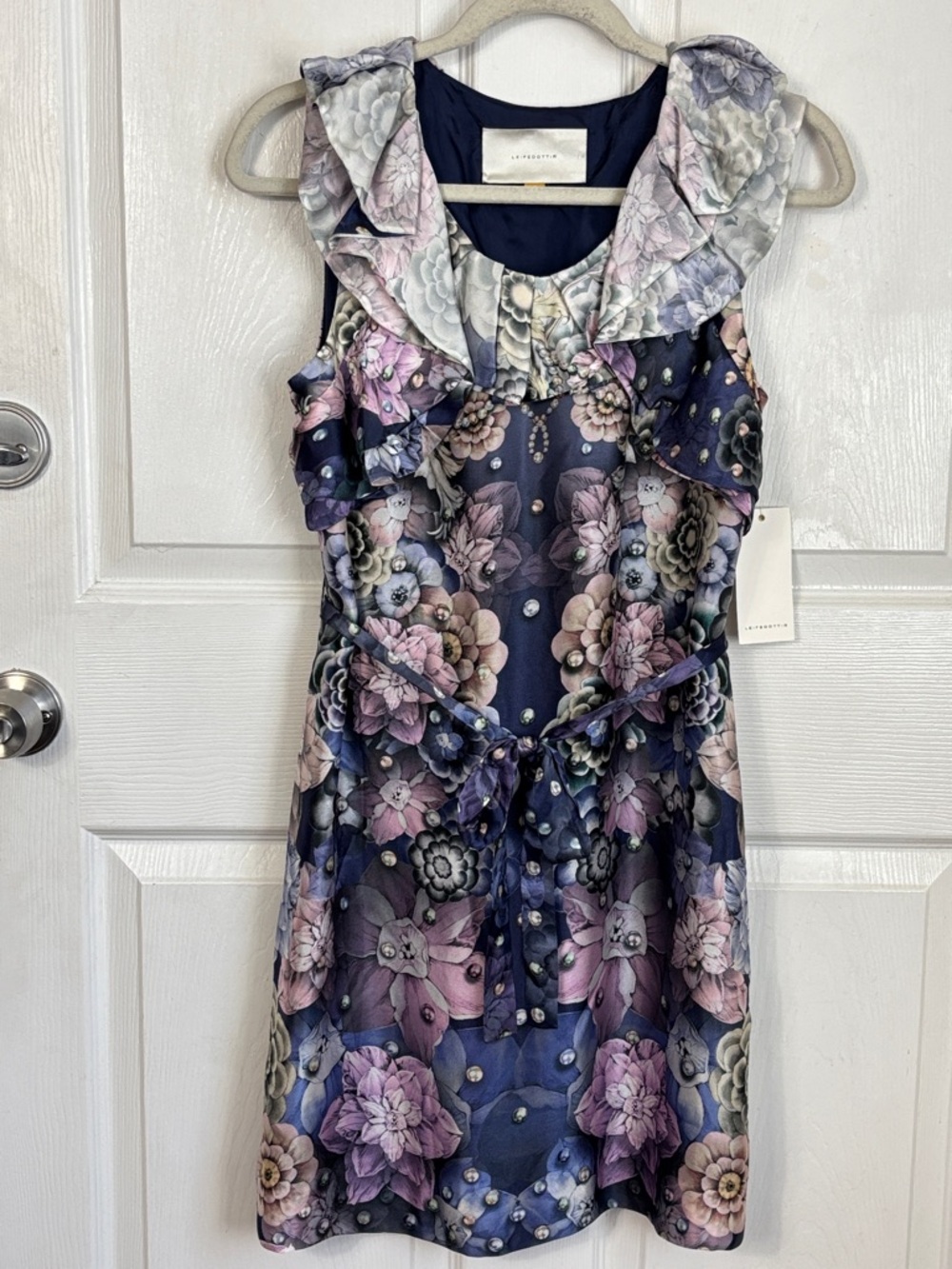 NEW NWT Anthro LEIFSDOTTIR Blue Pearl Floral Ruffle Sleeveless Silk Dress Size 8